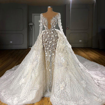 HW329 : 2pcs Luxury Long sleeve pearls sequin Wedding Gown