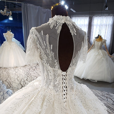 Hw326 Real Pictures Luxurious High Neck Crystal Beading Sequin Wedding Dress