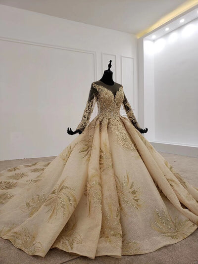 HW102 Princess Long sleeve golden lace wedding dresses.