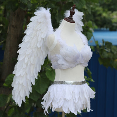 KP101 Dance costume set White feather angel wings +bra+ skirt
