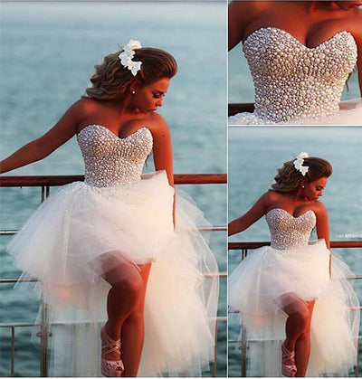 SS62 Sweetheart Pearls beaded Hi Low  Wedding dress