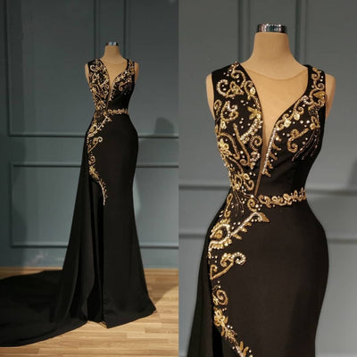 LG445 High-grade Black Mermaid Evening Dress With embroidery Gold