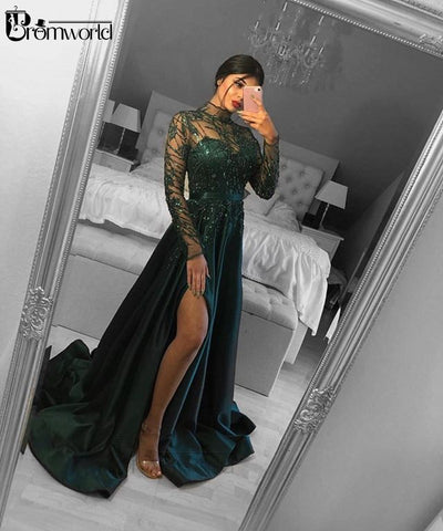 PP462 Illusion Long Sleeve Lace Beaded Evening Dresses