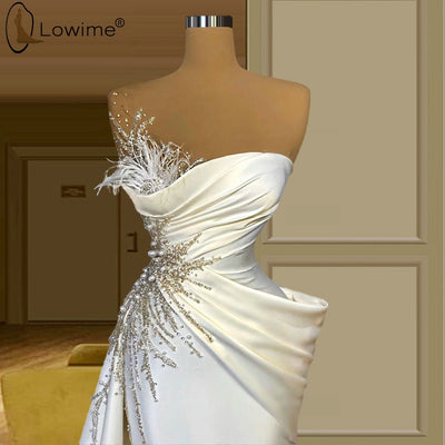 HW291 Feathers pearls beaded satin mermaid Evening Gowns