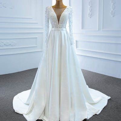 HW262 Real Photo : Handmade simple pearls beaded top A-Line Wedding Dress