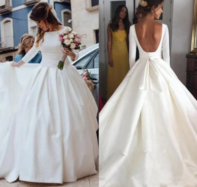 CW16 Simple 3/4 Sleeves satin Wedding dress with open back