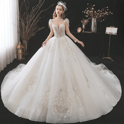 HW379 Handmade Sheer Long Sleeve Pearl beaded Wedding Gown