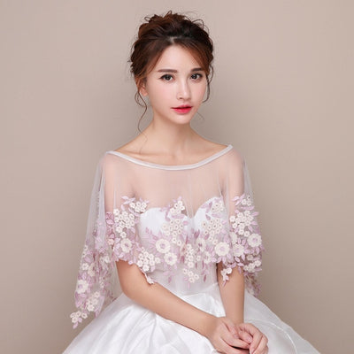 WJ19 Summer Tulle with  Pink Appliques Bridal Shawls