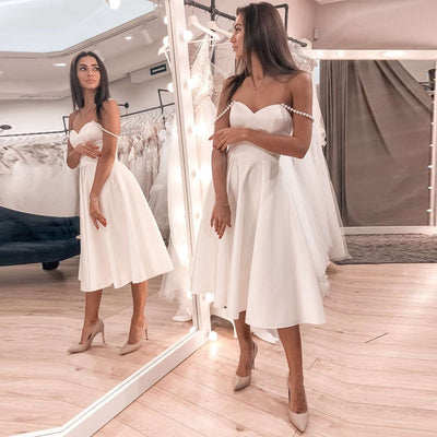 SS152 Minimalist satin Tea Length wedding dress