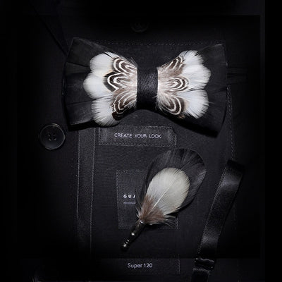 GM09 : 63 Feather Styles Set of Bow tie+Brooch for Grooms