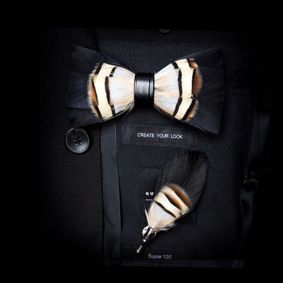 GM09 : 63 Feather Styles Set of Bow tie+Brooch for Grooms