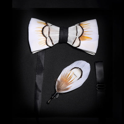 GM09 : 63 Feather Styles Set of Bow tie+Brooch for Grooms