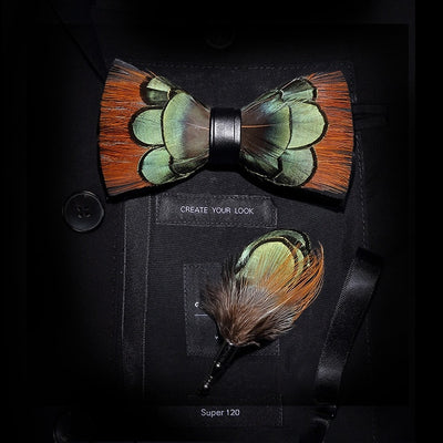 GM09 : 63 Feather Styles Set of Bow tie+Brooch for Grooms