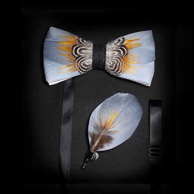GM09 : 63 Feather Styles Set of Bow tie+Brooch for Grooms