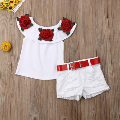 FG623 : 2pcs/set Girls Off Shoulder Tops+Denim Shorts (1-6Yrs)