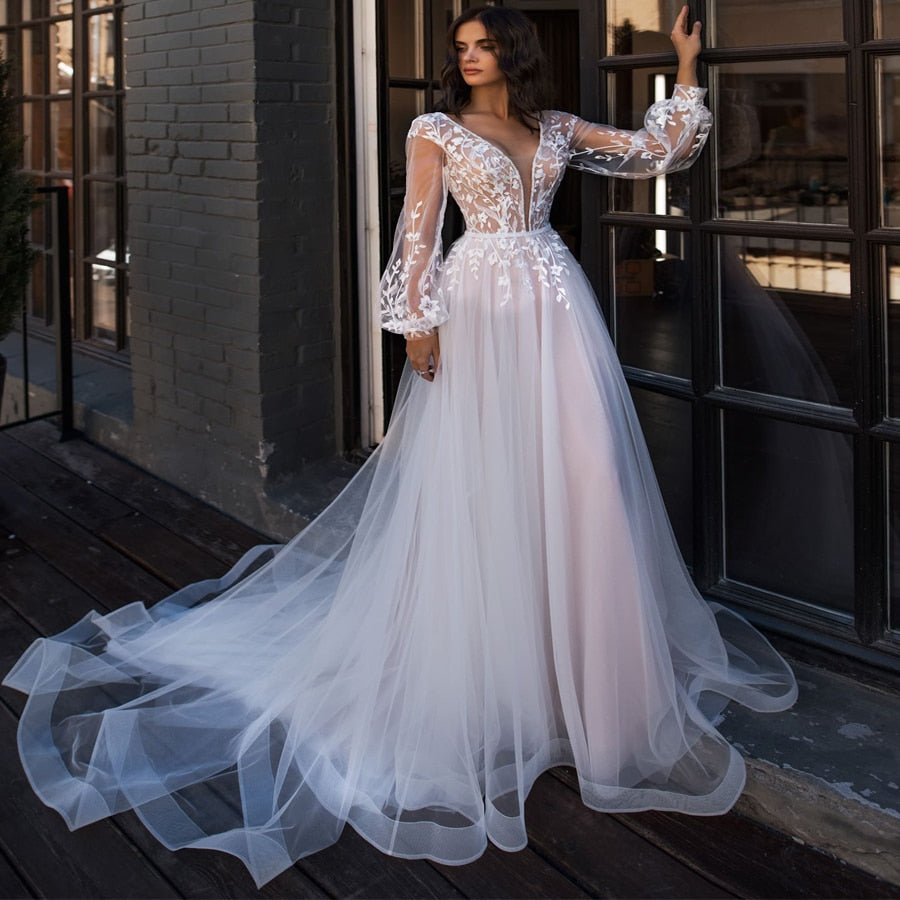 Princess Lace Wedding Dress Long Sleeves, Beach Bride Dress