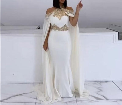 PP435 Halter gold Beaded Prom Gowns with cape ( custom colors )