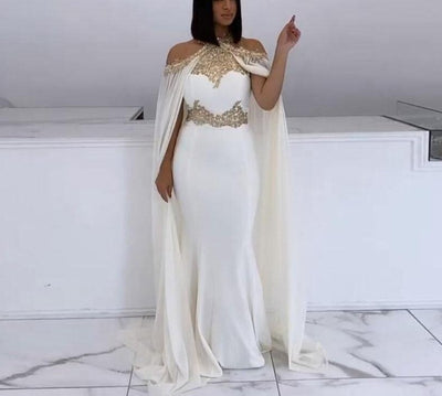 PP435 Halter gold Beaded Prom Gowns with cape ( custom colors )