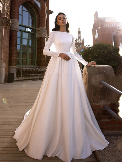 CW289 Minimalis Muslim Satin 3D Flowers A line Wedding Dress