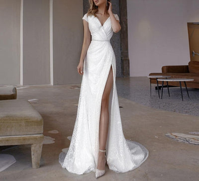 CW495 Classy Sequined high split wedding Dress