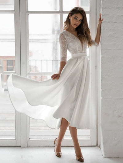SS186 : Simple 3/4 Long Sleeve Mid-Calf Wedding Gown