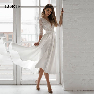 SS186 : Simple 3/4 Long Sleeve Mid-Calf Wedding Gown