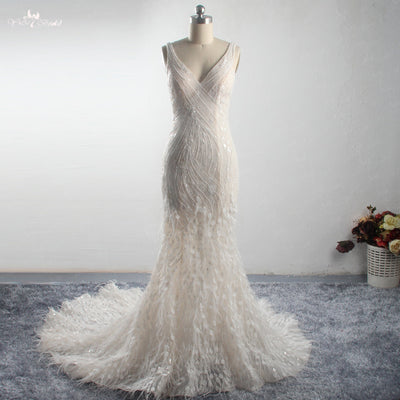 HW185 Real Picture Beaded Feathers mermaid Wedding Gown