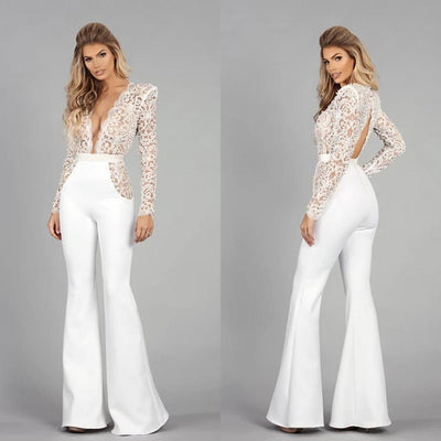 PD46 Deep V Neck Lace Wedding Jumpsuit