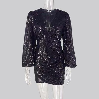MX261 Black sequin puff sleeves Cocktail Dress