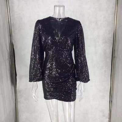 MX261 Black sequin puff sleeves Cocktail Dress