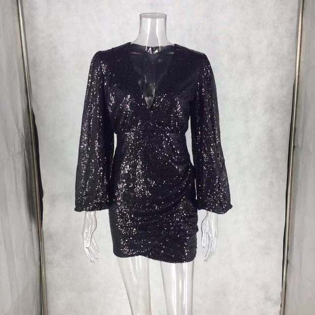 MX261 Black sequin puff sleeves Cocktail Dress - Nirvanafourteen