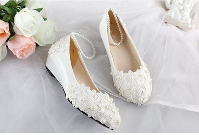 BS33 Ivory lace flower and pearl flat Bridal Shoes