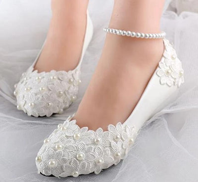 BS33 Ivory lace flower and pearl flat Bridal Shoes
