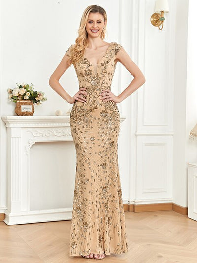 PP596 Formal gowns deep v-neck sequined (Green/Champagne )