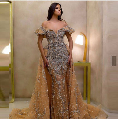 LG451 Luxury Crystal Evening Dresses With Detachable Train