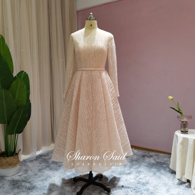 SS148  Sparkly Sheer Long Sleeve Ankle-Length Wedding dress