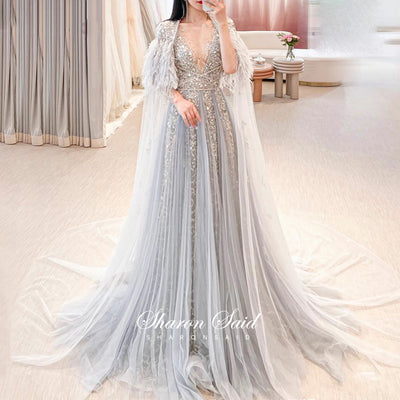 LG317 Luxury diamond beaded Evening gown+feather shawl ( 5 Colors )