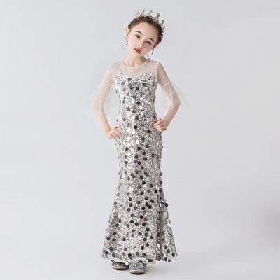 FG329 Silver sequin mermaid Girl Pageant dress