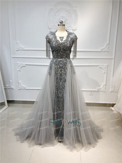 LG148 : 2 styles Grey Crystal Tassel Evening Gowns