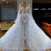 HW414 Long sleeve Pearls Feather sequined Illusion Bridal Gown