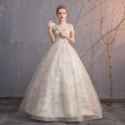 CW244 Cheap V-Neck Off The Shoulder Gold embroidery Wedding Dresses