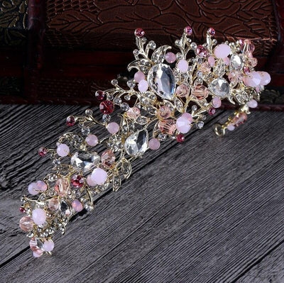 BJ85 Set of  Bridal Tiara +Earing (Pink/White/Gold)