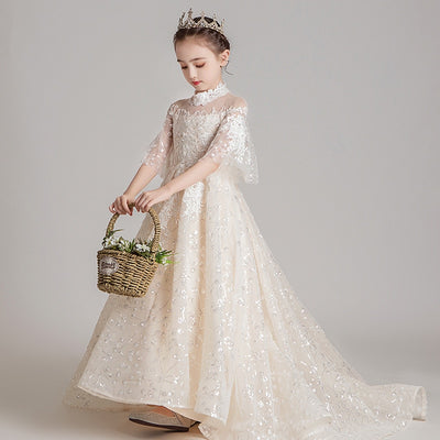 FG355 Luxurious high neck floral embroidery Pageant Dress for girls