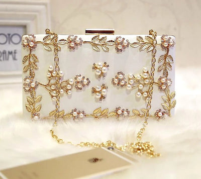 CB82 Handmade diamond pearl Party clutch bags (Pink/White)