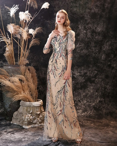 PP316 Champagne 3/4 sleeves sequined Evening Dress