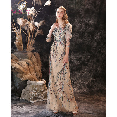 PP316 Champagne 3/4 sleeves sequined Evening Dress