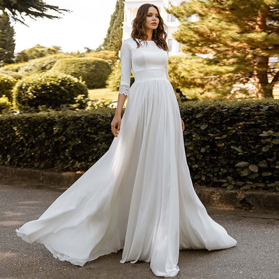 CW437 : Simple 3/4 sleeves Satin & Chiffon Bridal Gowns