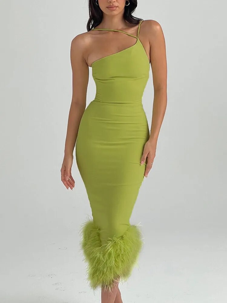 MX609 One Shoulder Fur Midi Dresses Green Black Nirvanafourteen