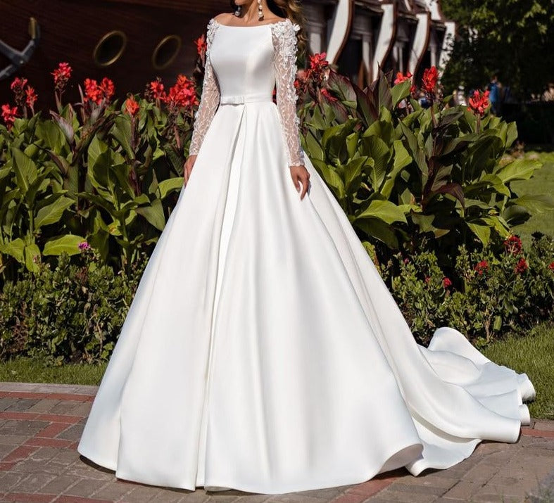 Ball Gown Long Sleeves Scoop Floor-Length Satin Beading Dresses