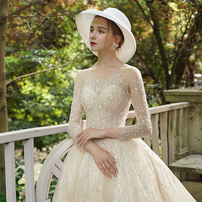 CW398 Elegant long sleeves beading A-line wedding dress